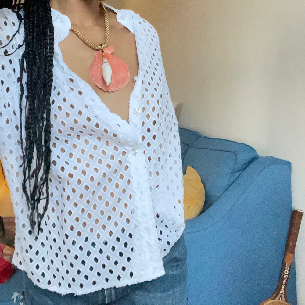 White waffle perforated button down